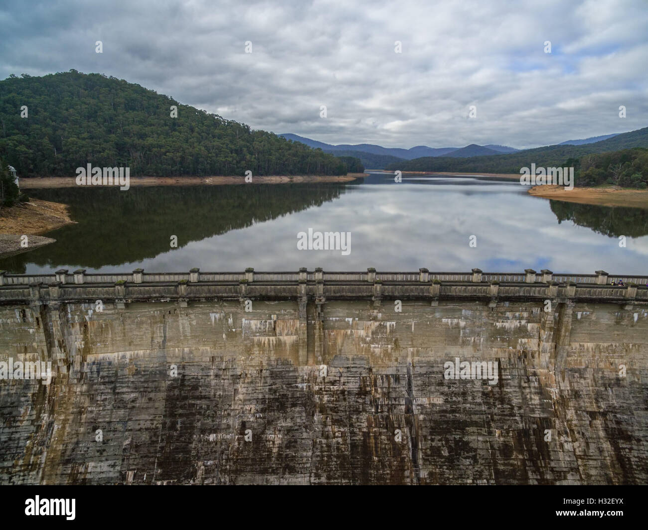 Aerial view of Maroondah Reservoir Park lake and dam wall. Melbourne, Victoria, Australia Stock