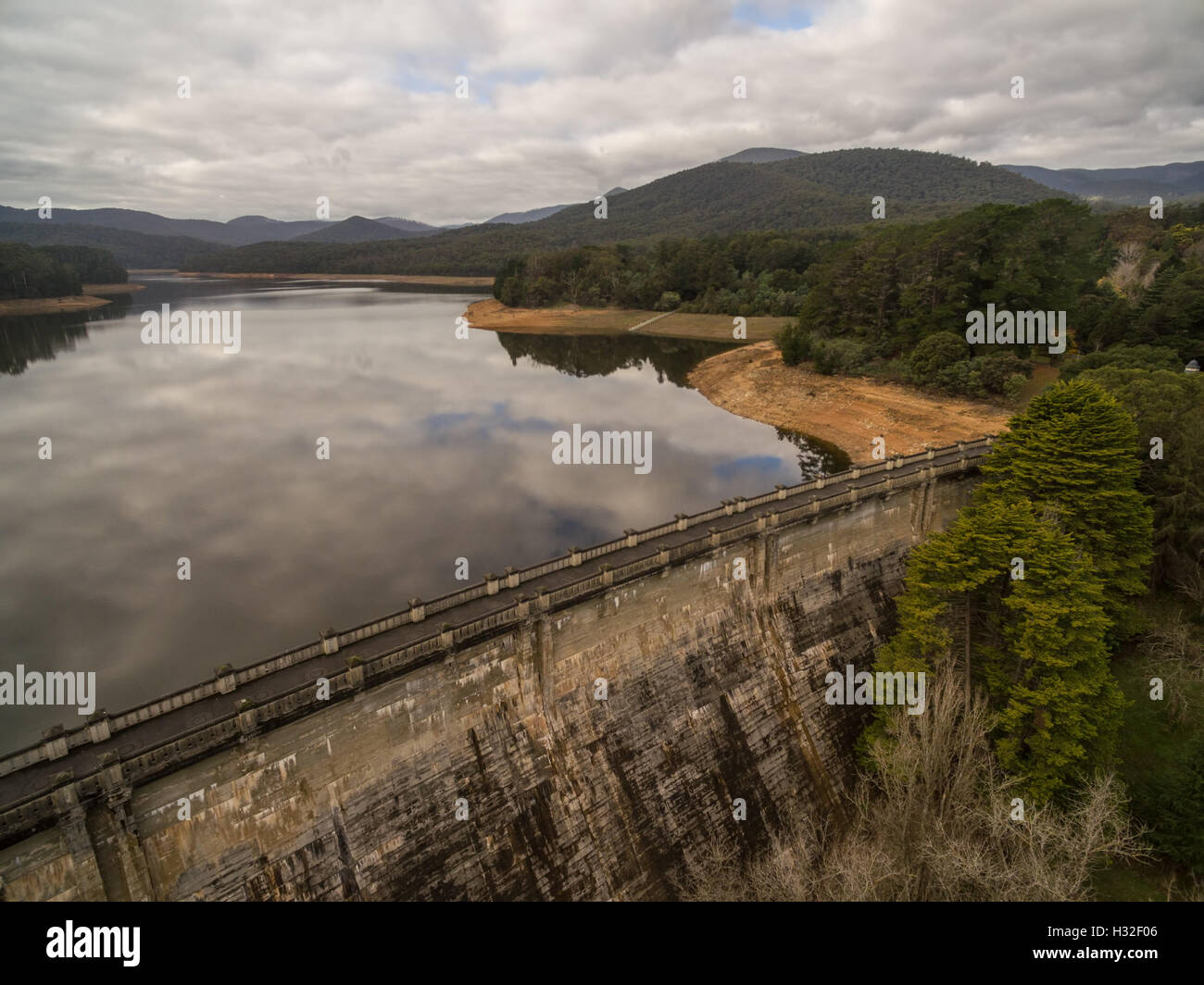 Aerial view of Maroondah Reservoir Park lake and dam wall. Melbourne, Victoria, Australia Stock
