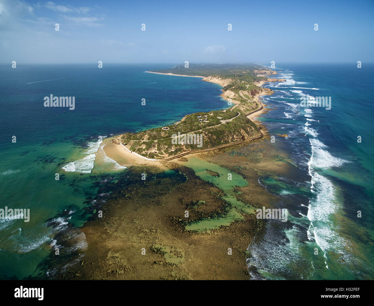 Aerial view of the tip of Mornington Peninsula with Fort Nepean on a bright sunny day. Melbourne, Victoria, Australia Stock Photo