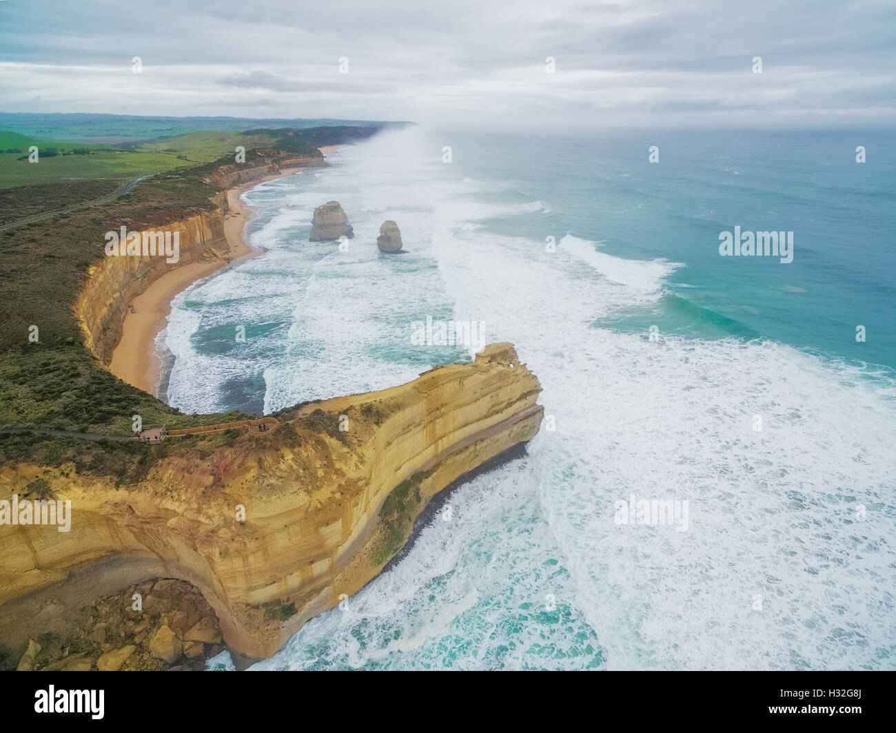 Aerial view of the Gog and Magog rock formations and the Lookouts at the Great Ocean Road, Australia Stock Photo