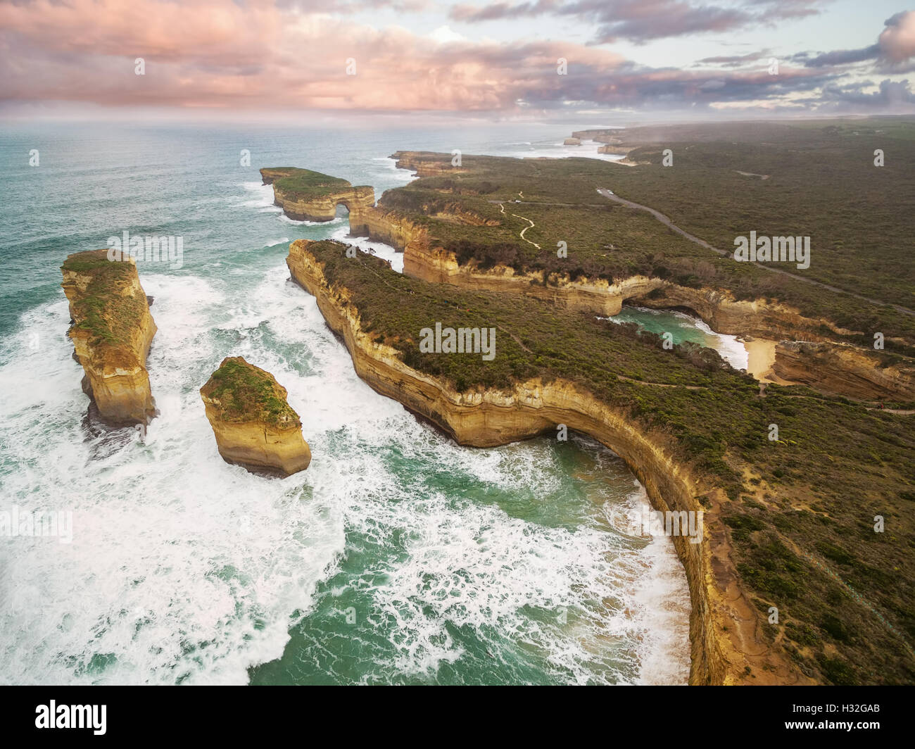 Aerial view of the Island Arch rock formation and Mutton Bird Island on the Great Ocean Road, Victoria, Australia Stock Photo