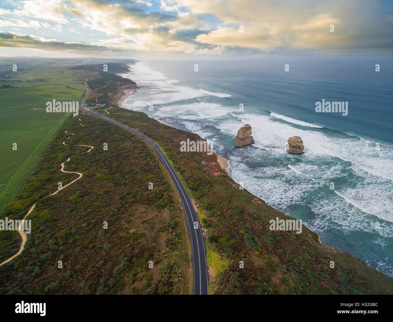 Aerial view of the Great Ocean Road with Gog and Magog rock formations, Victoria, Australia Stock Photo