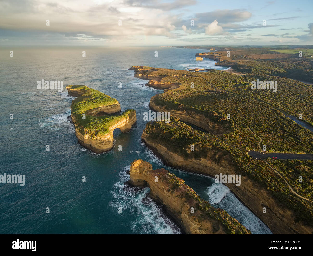 Aerial view of Mutton Bird Island arches and Elephant rock at sunrise. Great Ocean Road, Victoria, Australia Stock Photo