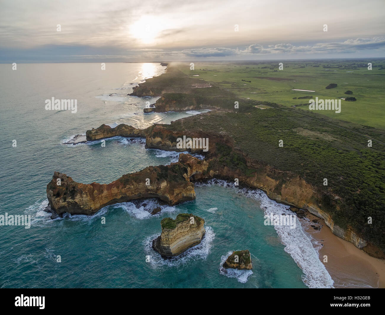 Aerial view of rugged coastline near Childers Cove, Great Ocean Road, Victoria, Australia Stock
