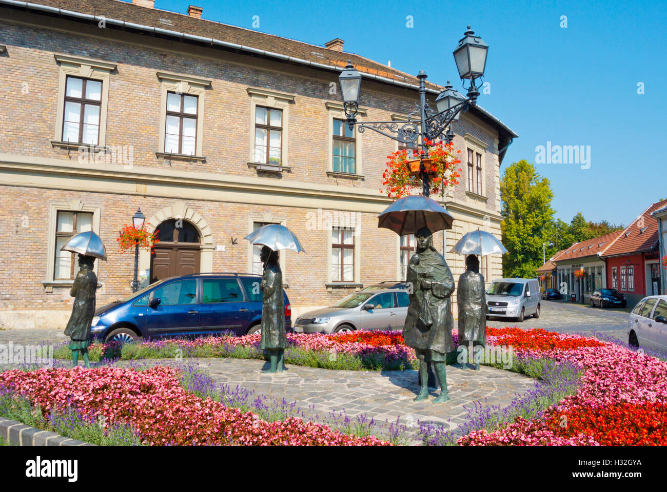 Fő tér, main square, with Várakozók sculpture by Imre Varga, Obuda, Budapest, Hungary, Europe Stock Photo