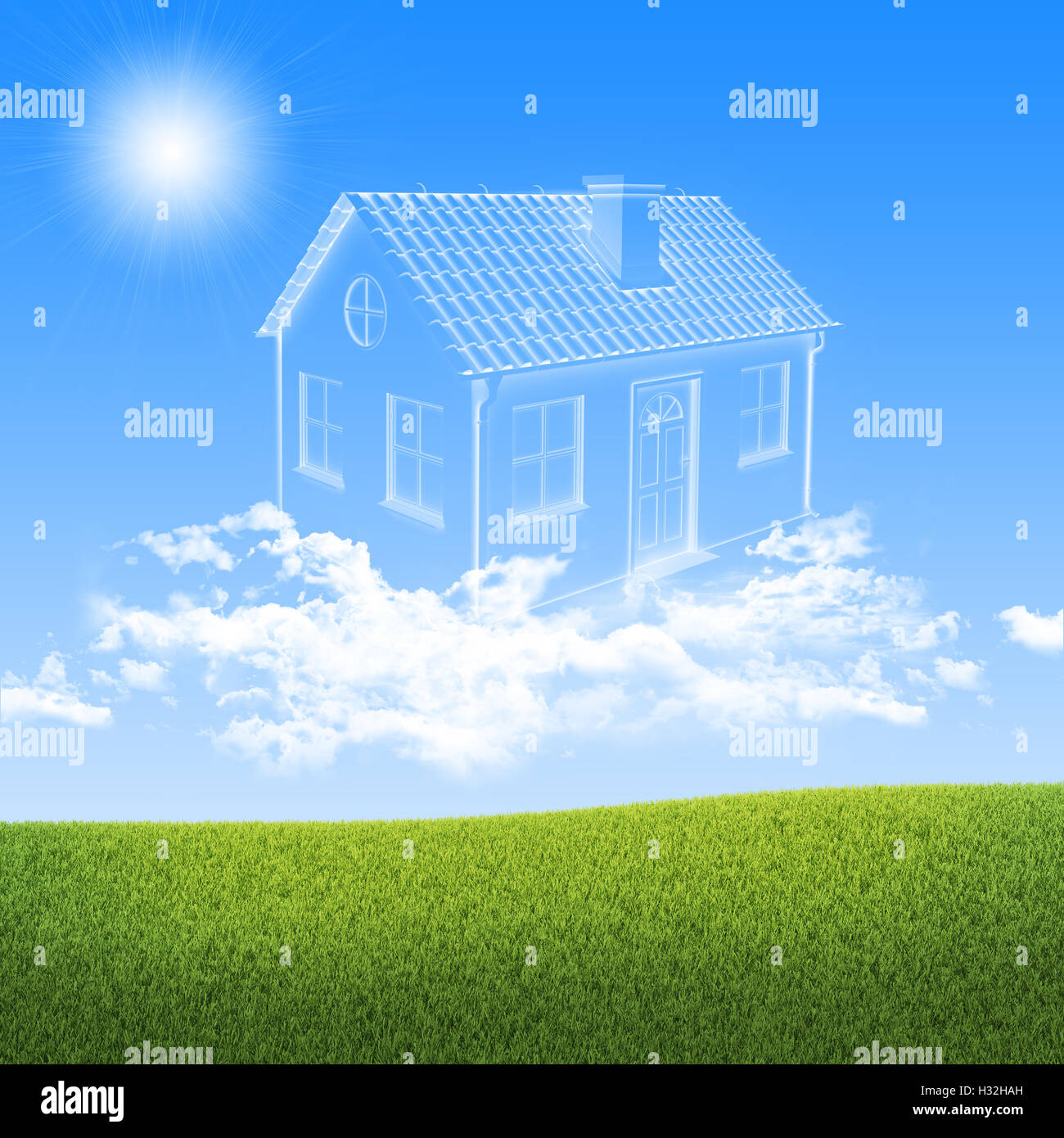 House of clouds in the sky over green grass Stock Photo - Alamy