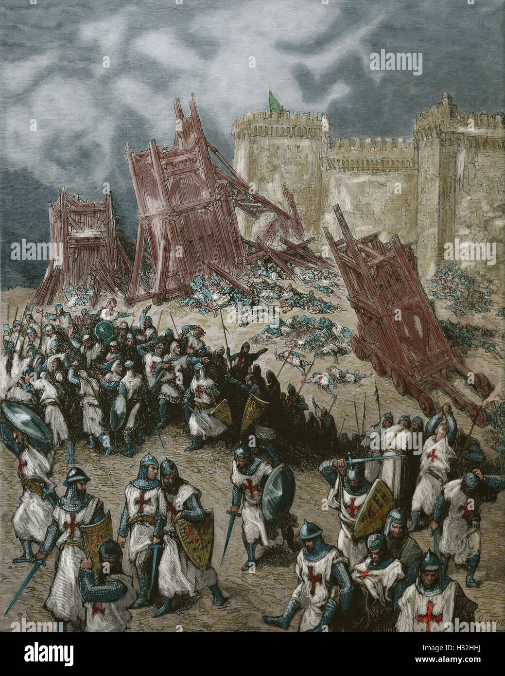 First Crusade (1096-1099). Crusaders repulsed in the second assault of Jerusalem. Engraving by Gustave Dore, 19th century. Color Stock Photo