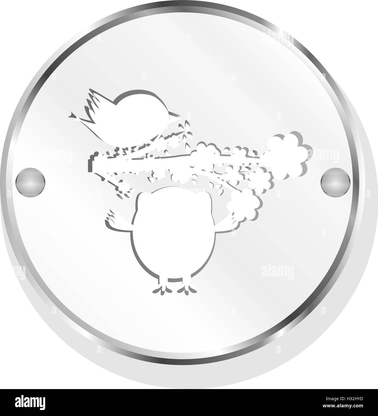 button with owl, bird and tree, isolated on white Stock Photo