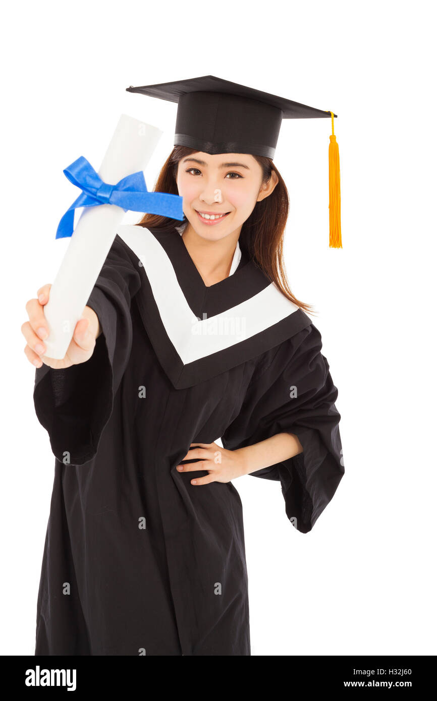 young woman college graduate wearing cap and gown holding diplom Stock ...