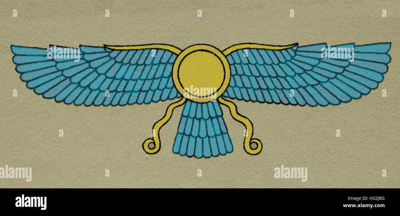 Ancient Iran (Persia). Farvahar. Zoroastrianism symbol. Engraving. Color. 19th century Stock