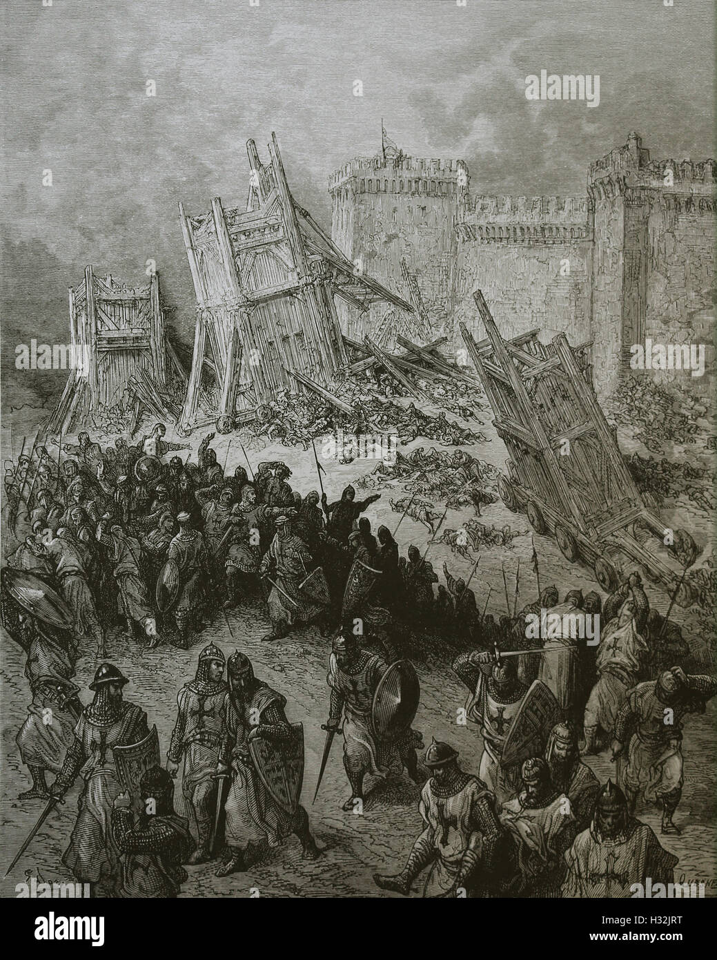 First Crusade (1096-1099). Crusaders repulsed in the second assault of Jerusalem. Engraving by Gustave Dore, 19th century. Stock Photo