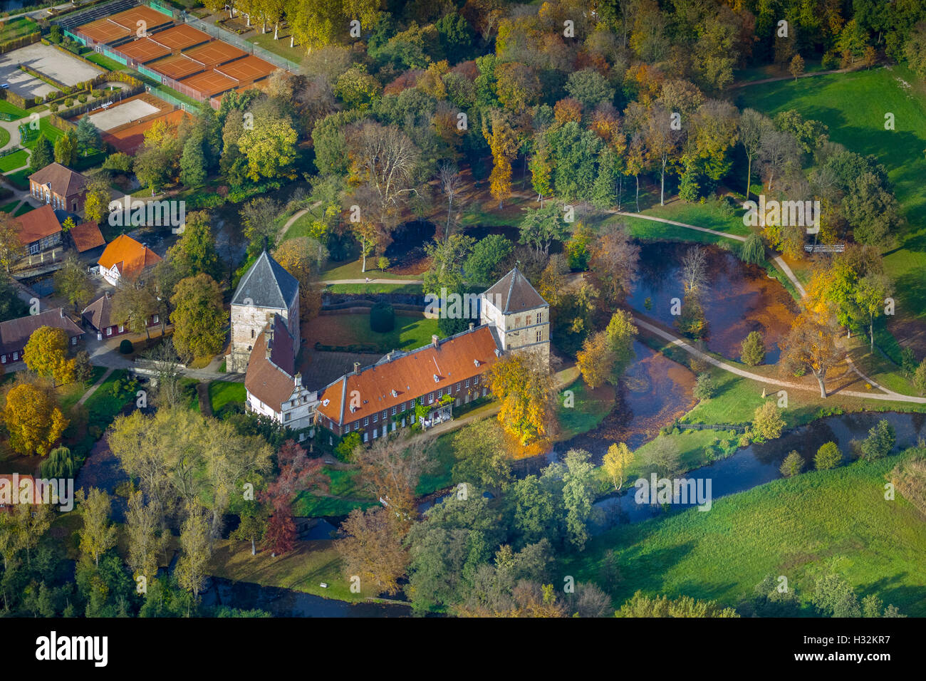 Aerial view, Schloss Rheda, Rheda Castle Park, Red Pfuhl, EMS, aerial view of Rheda-Wiedenbrück, Gütersloh, Nordrhein-Westfalen, Stock Photo
