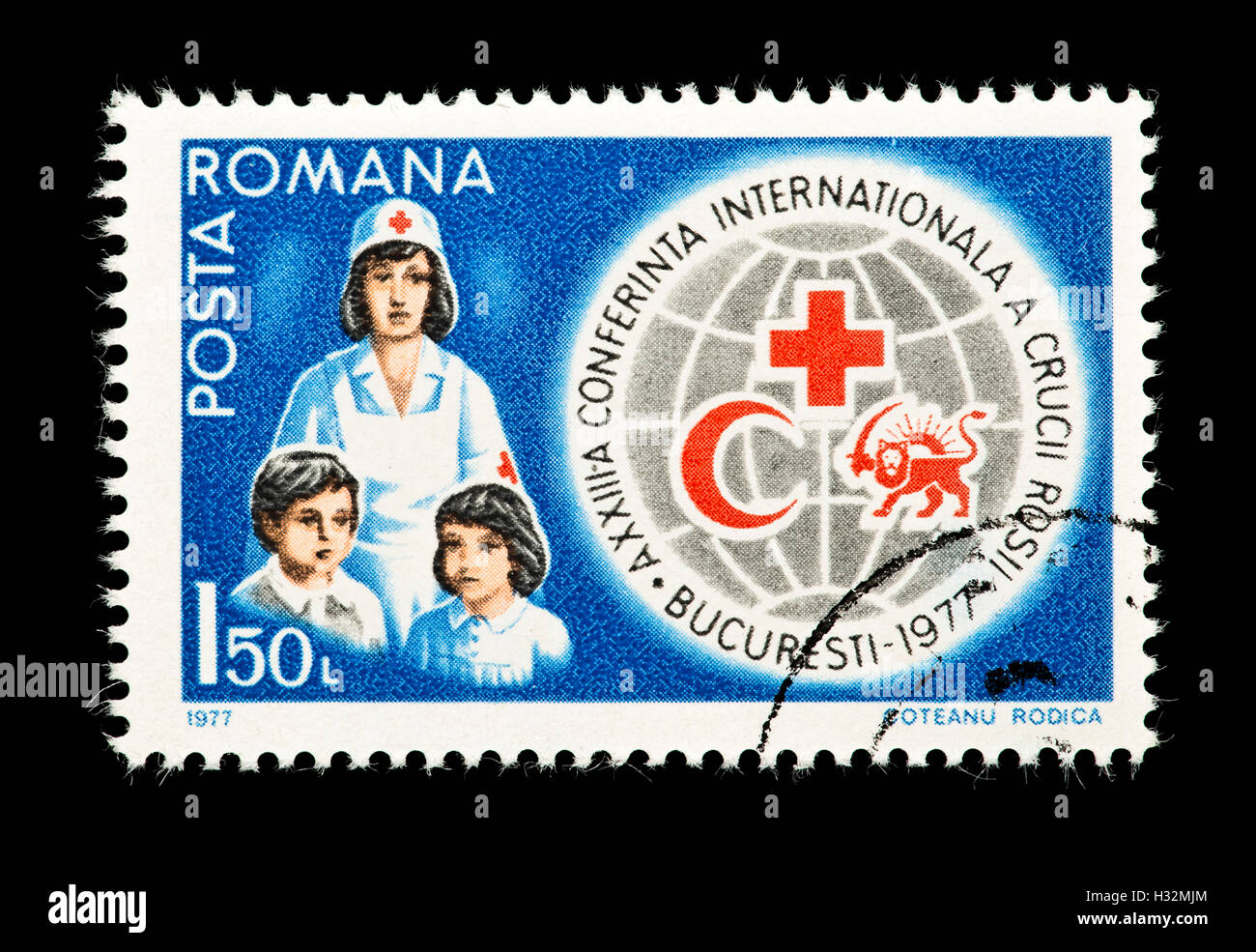 Postage stamp from Romania depicting a nurse and various Red Cross symbols,children (23rd Intl Red Cross conference, Bucharest). Stock Photo