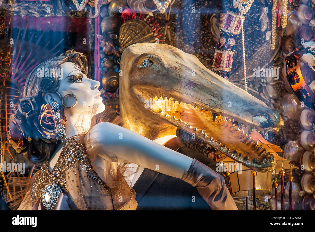 A closeup of a window display of the Bergdorf and Goodman department store on 5th Avenue during Christmas time. Stock Photo