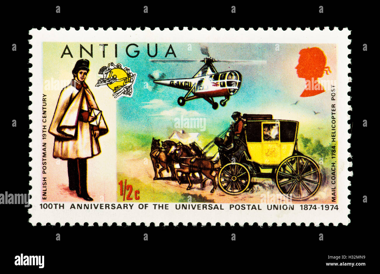 Postage stamp from Antigua depicting a British mailman, postal coach