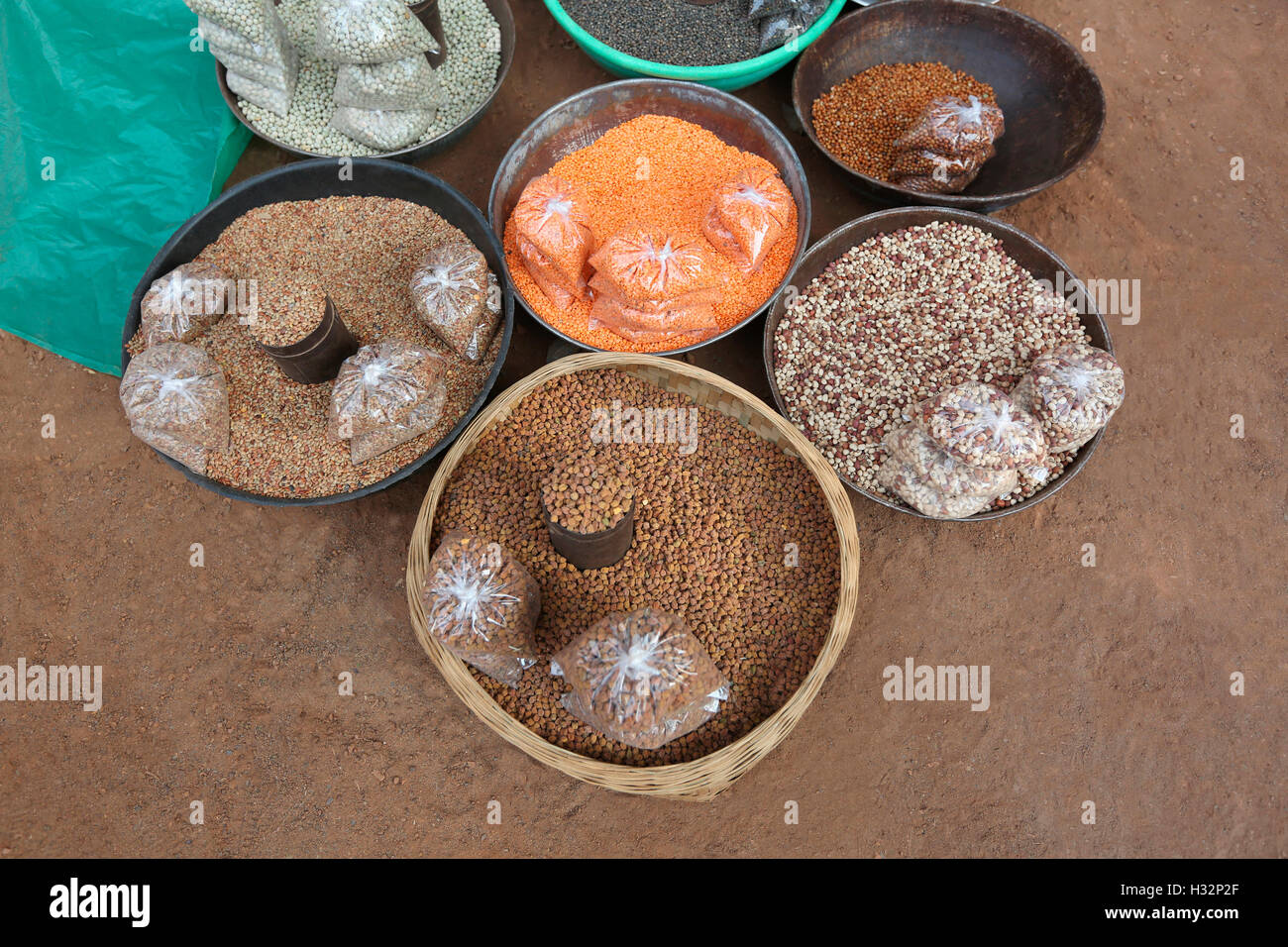 Grains for Sell, Tribal Market, Jagdalpur, Bastar District, Chattisgadh, India Stock Photo