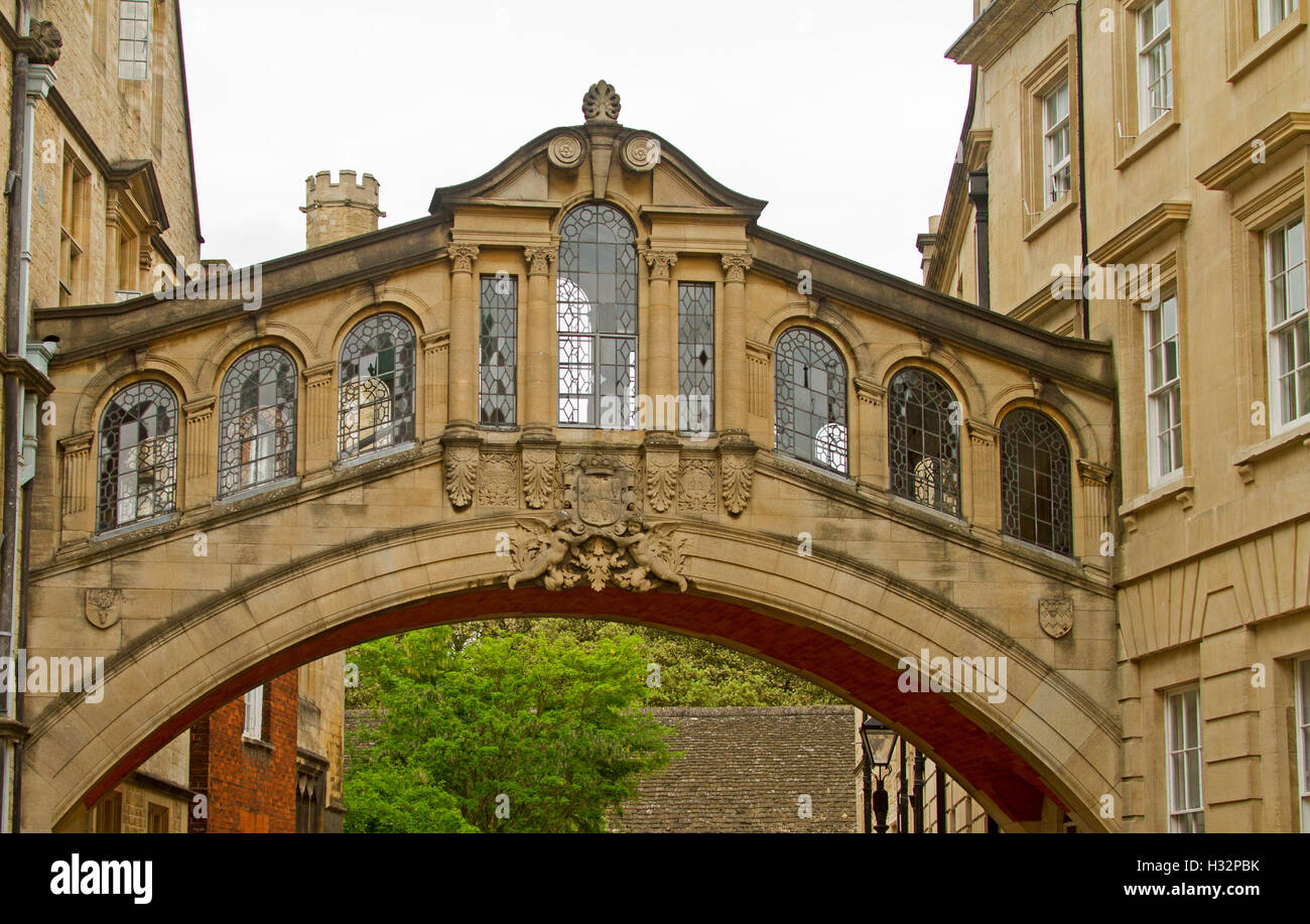 Ornate historic Bridge of Sighs, iconic arched structure with decorative windows linking buildings of Hertford college in Oxford, England Stock Photo