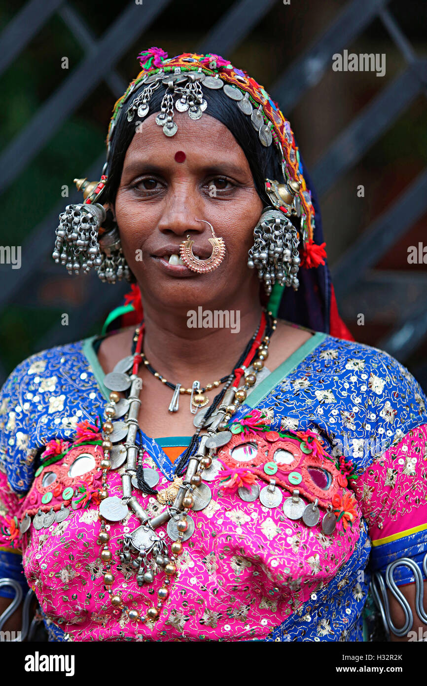 Portrait of woman with traditional jewelry, Vanjara Tribe, Maharashtra, India. Rural faces of India Stock Photo