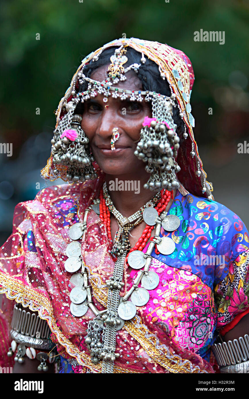 Portrait of woman with traditional jewelry, Vanjara Tribe, Maharashtra, India. Rural faces of India Stock Photo