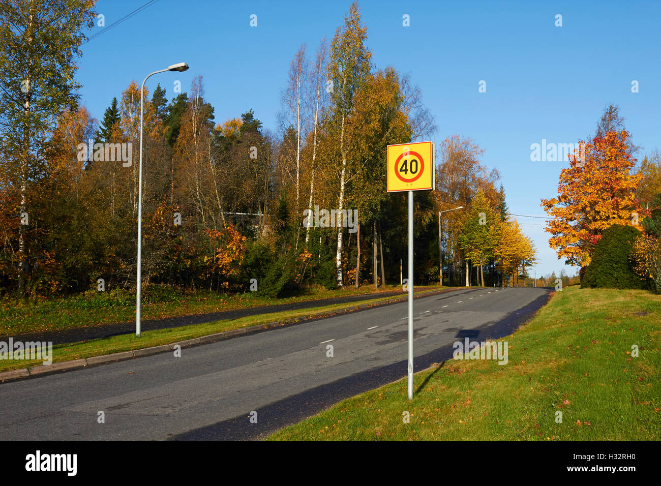 suburban street with speed limit zone sign, Lappeenranta Finland Stock Photo