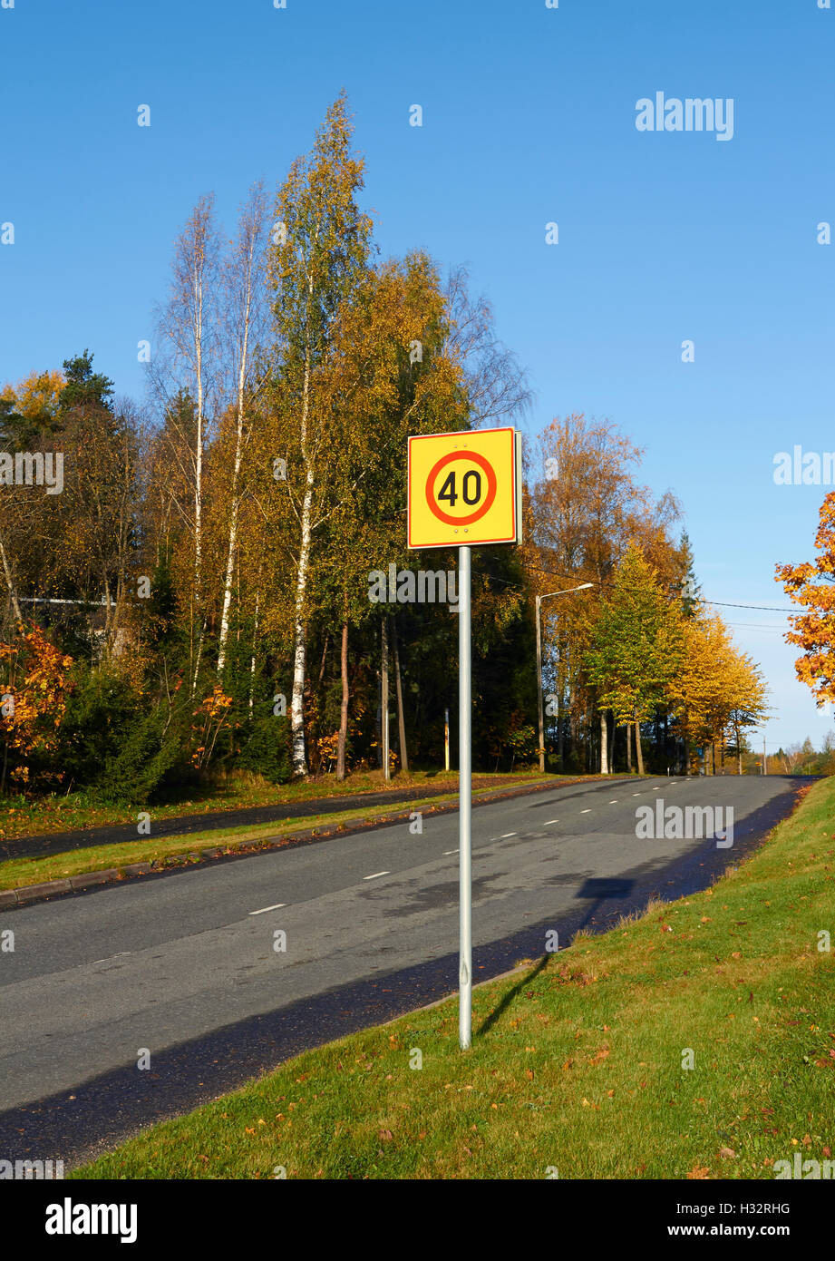 suburban street with speed limit zone sign, Lappeenranta Finland Stock Photo