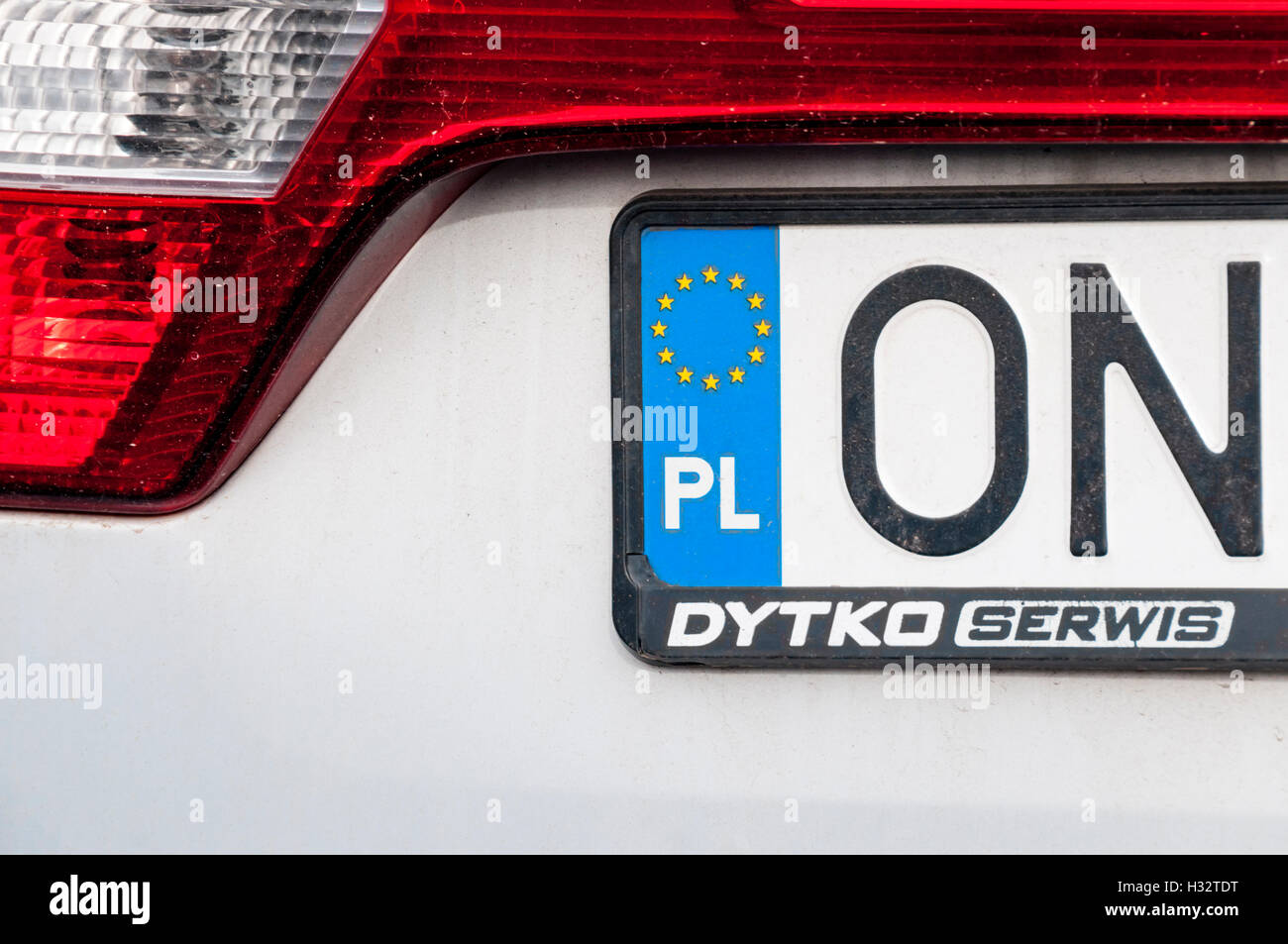 An  EU standard car number plate with the country identification code for Poland. Stock Photo