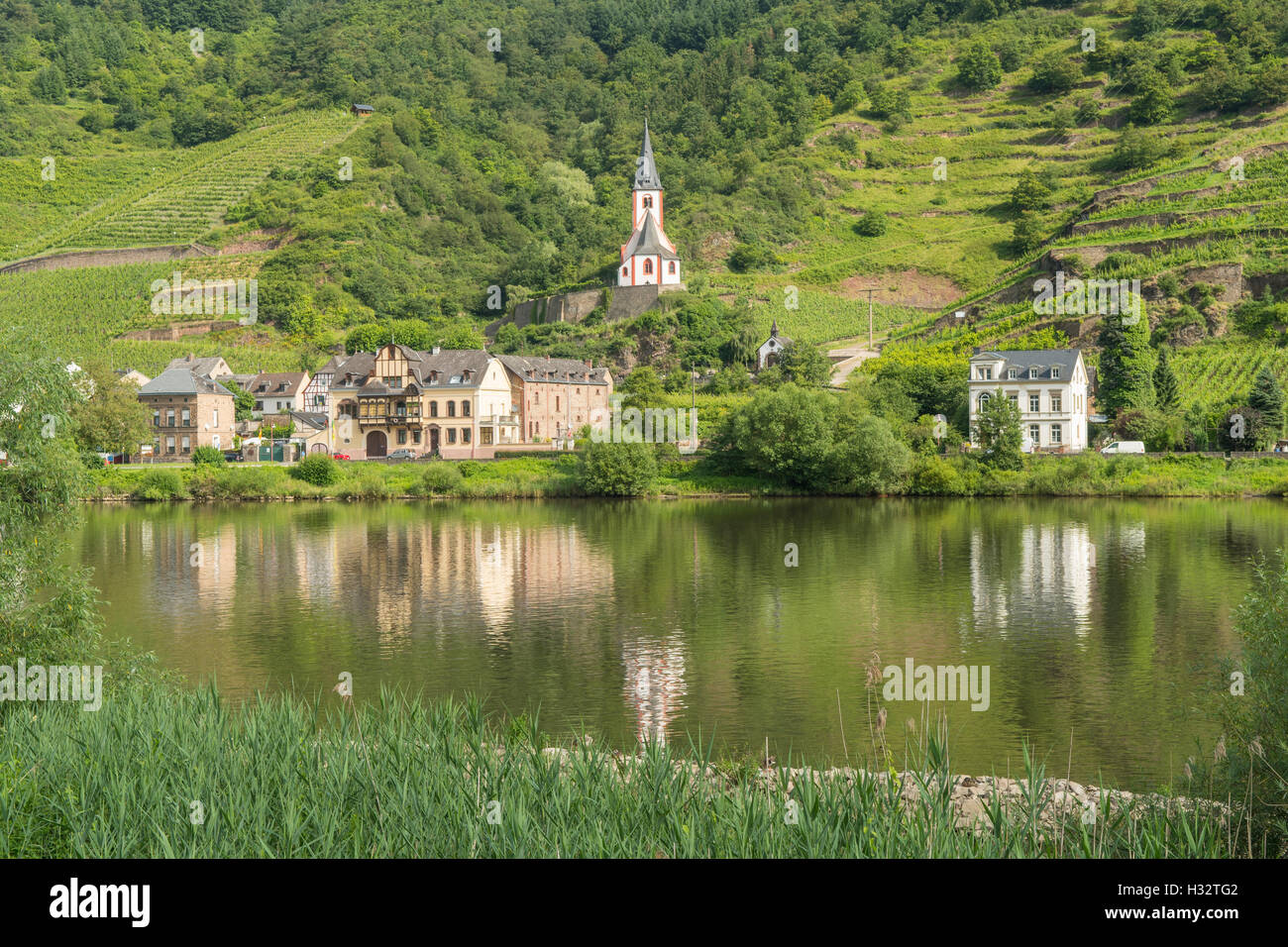 Mosel River Reflections, Oberfell, Rhineland Palatinate, Germany Stock Photo