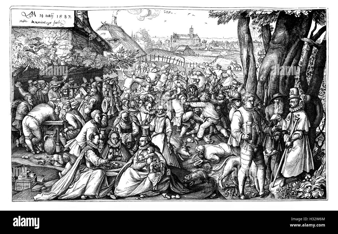 Vintage engraving 1587, bourgeoisie lifestyle and leisure at the country tavern outdoors, Stock Photo