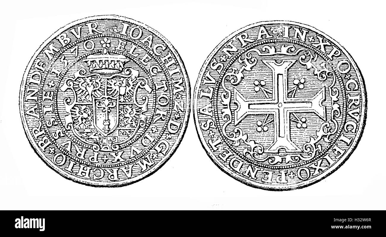 Germany, silver ducat from 1570 of Joachim II Hector Elector of Brandenburg, vintage engraving Stock Photo