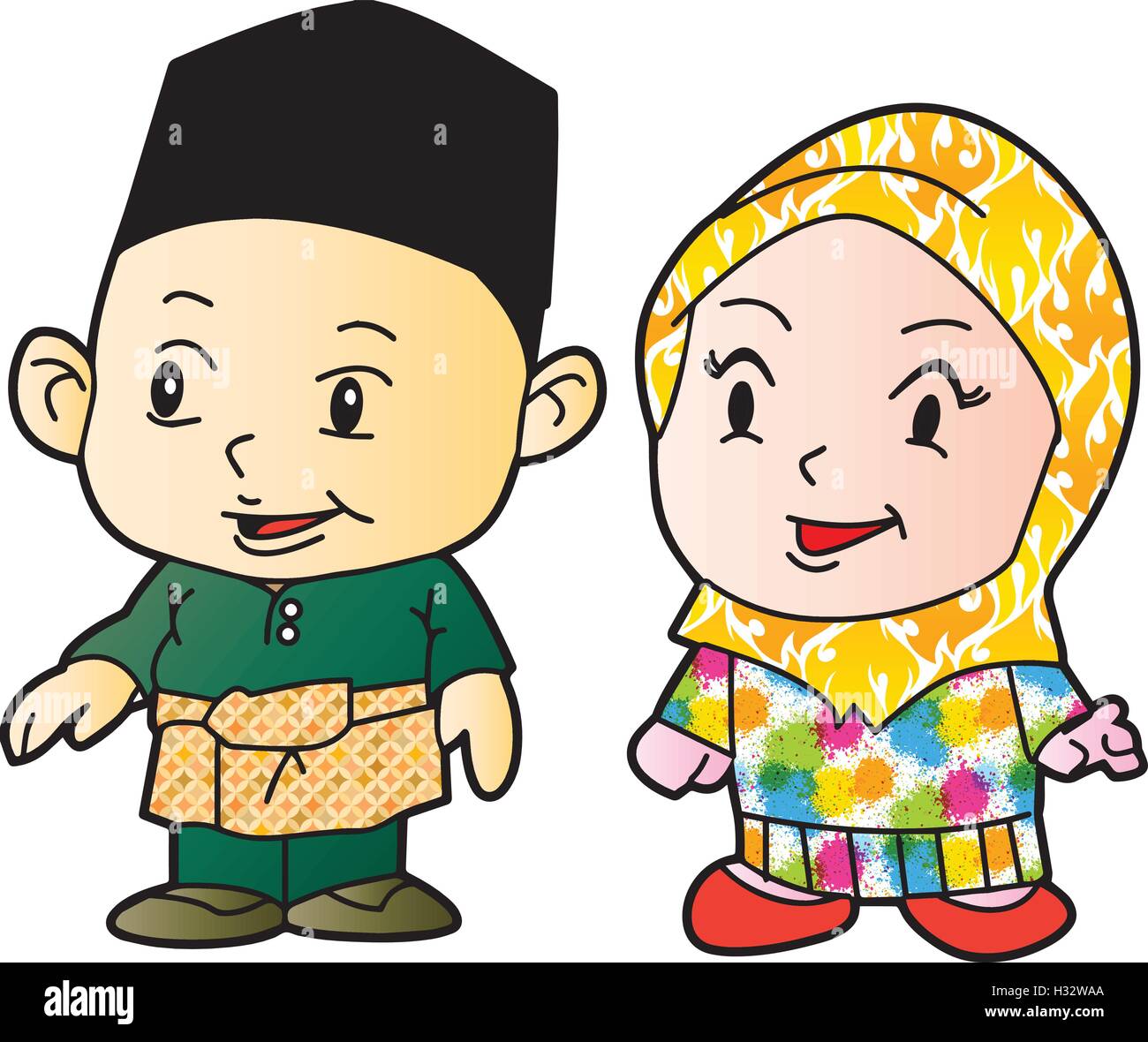 Happy Melayu children in Patani makd standing, cartoon Vecetor Illustration Stock Vector