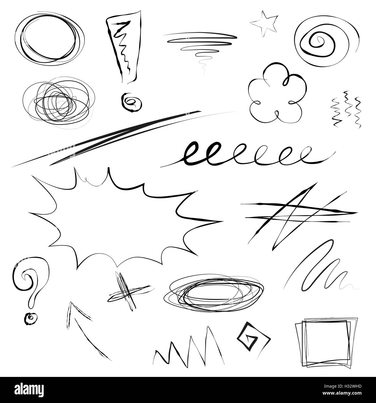 Set of scribbles, sketchy hand drawn frames, arrow, signs, underlines, loops, swirls, marks, cross, zigzag. Doodles isolated on white. Vector illustration. Stock Vector
