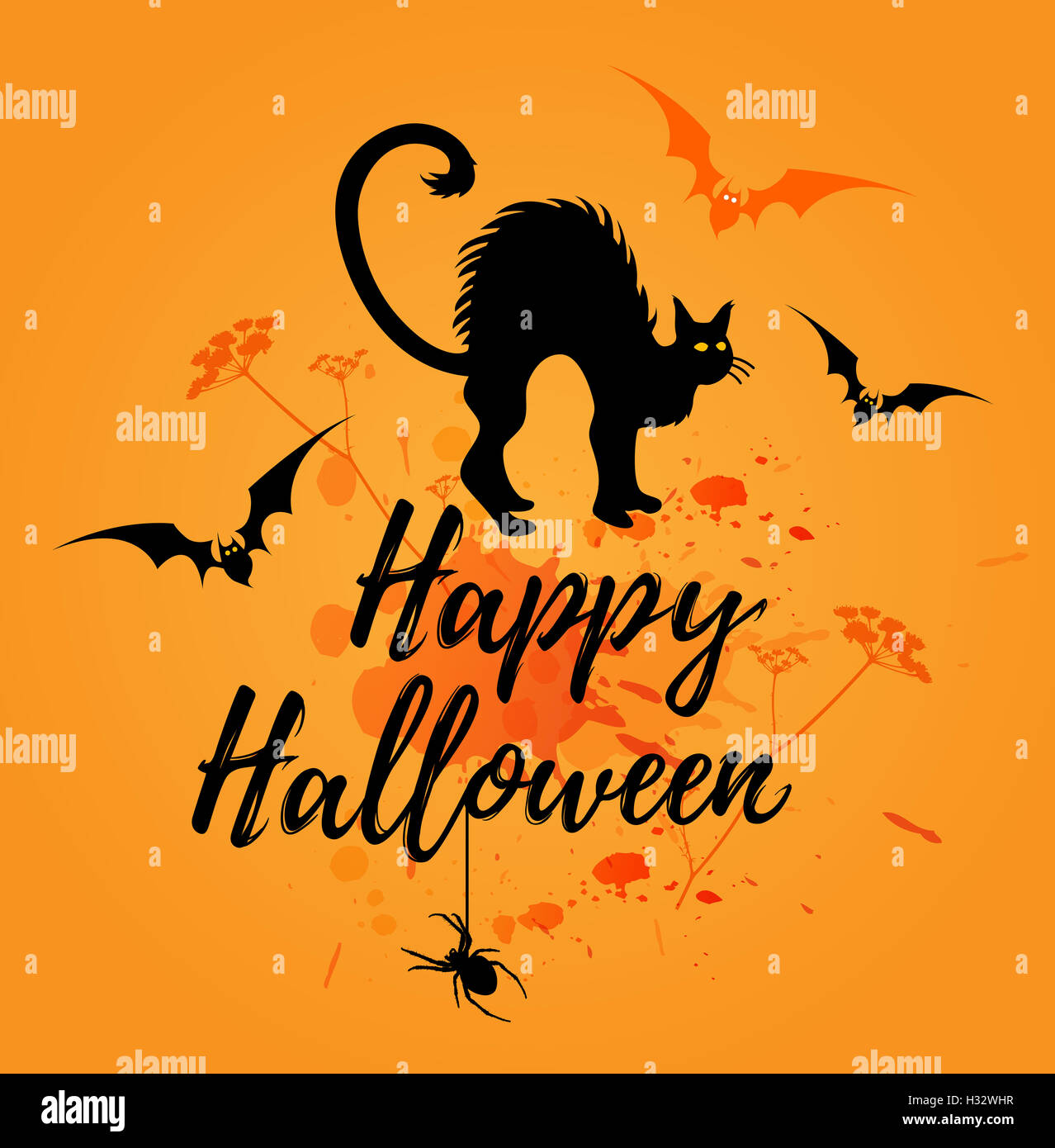 Halloween orange background with silhouette of black cat. "Happy ...
