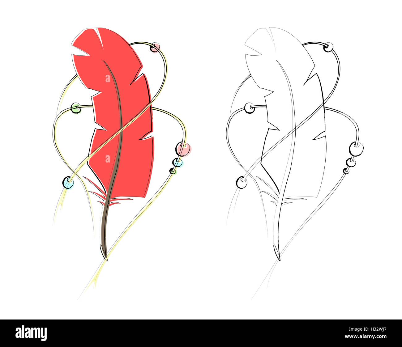 Boho style feather. Hand drawn feather sketch isolated on white. Vector ...