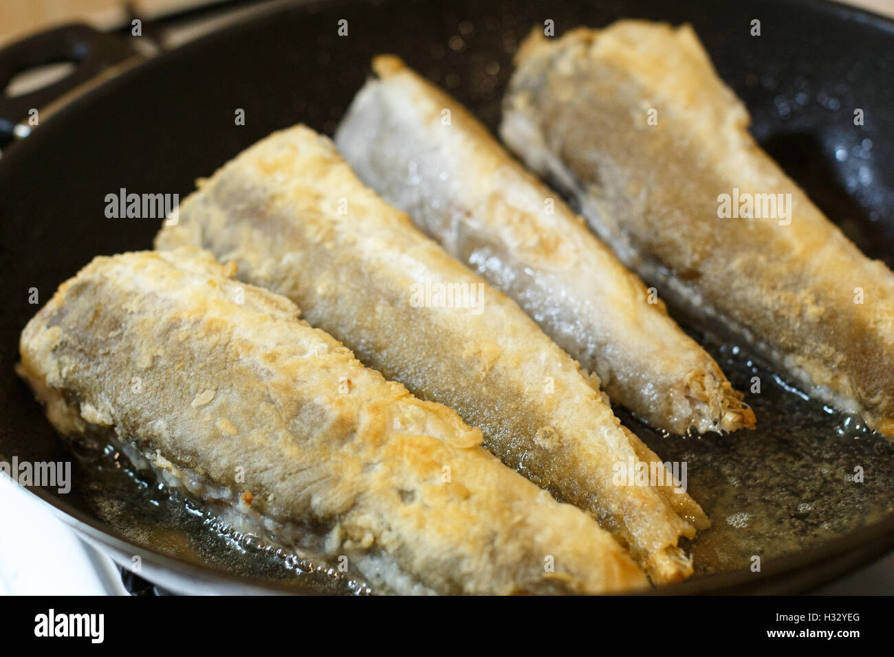 Fried hake fish fillet in a frying pan at kitchen Stock Photo Alamy