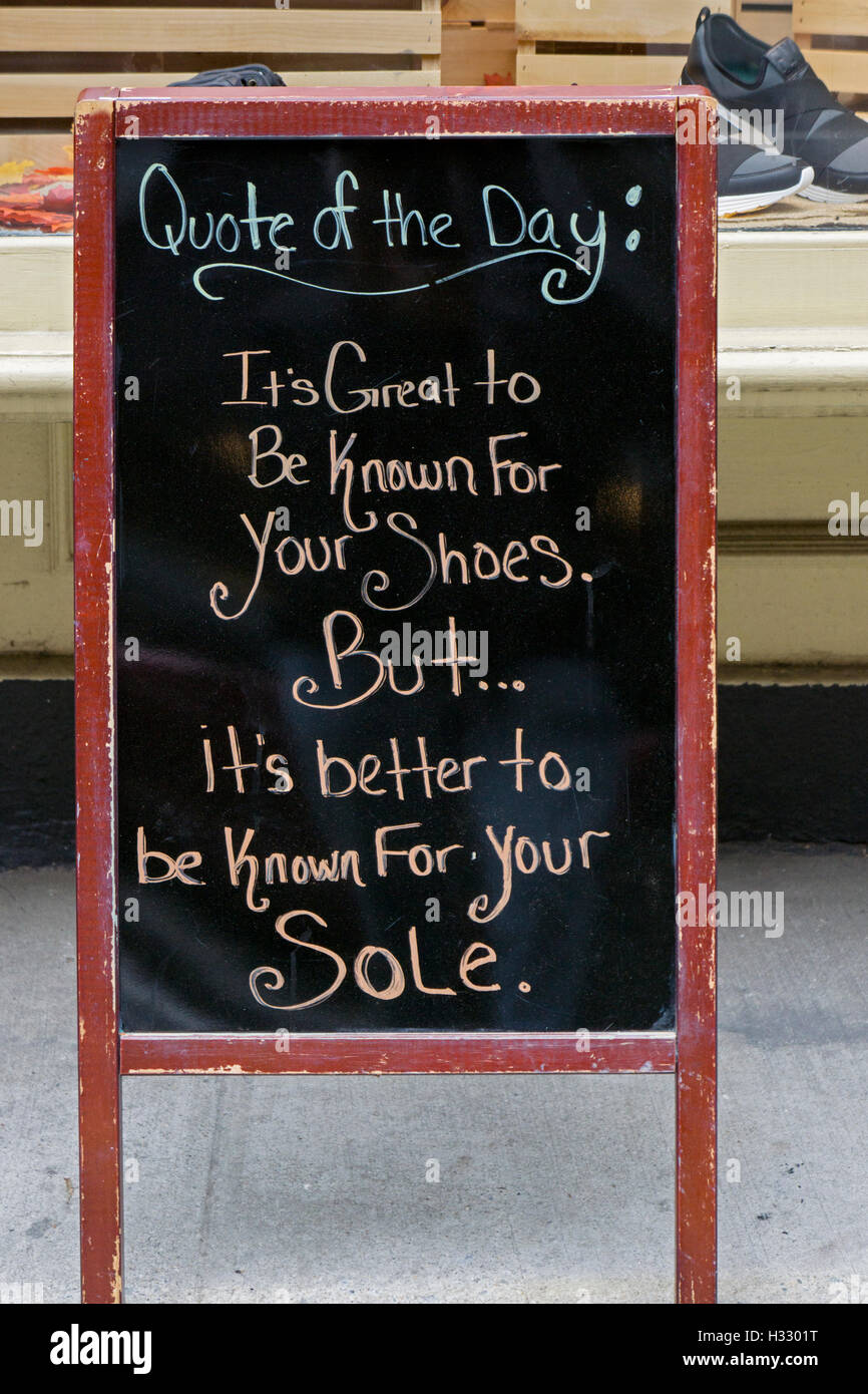 A funny sign outside the FLY LONDON shoe store on Bleeker St in the West Village, Manhattan, New York City. Stock Photo