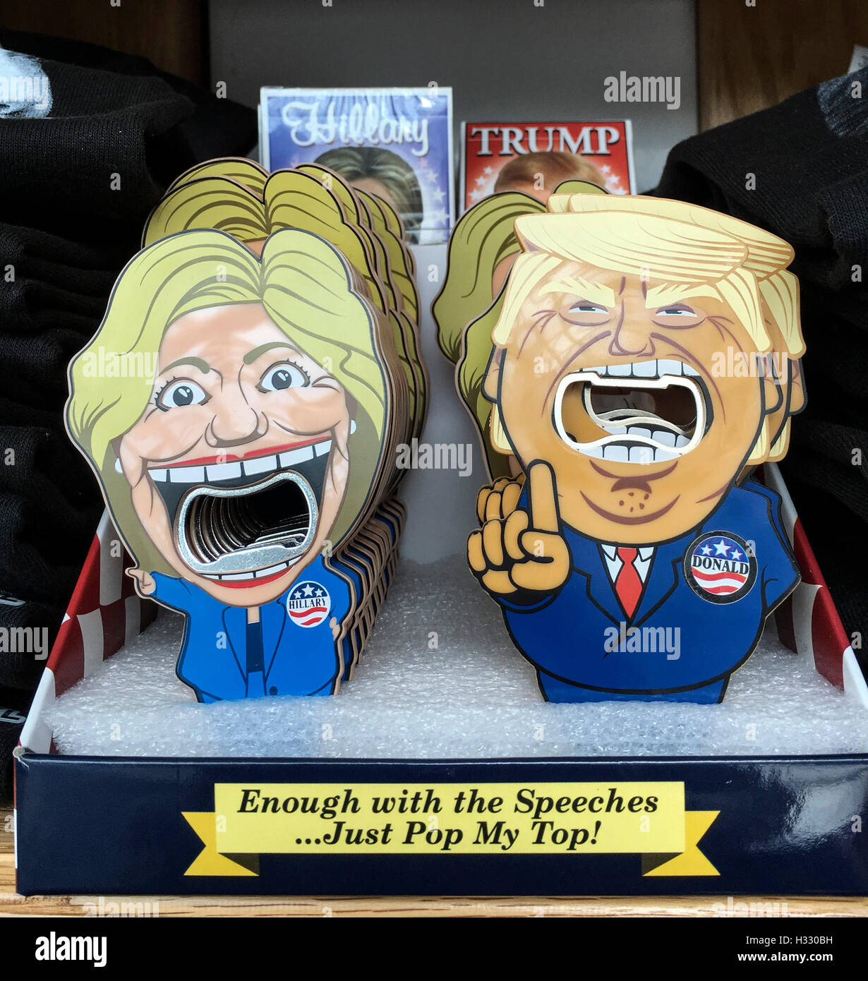 Effigies of Donald Trump and Hillary Clinton on different items during the american presidential campaign, USA Stock Photo