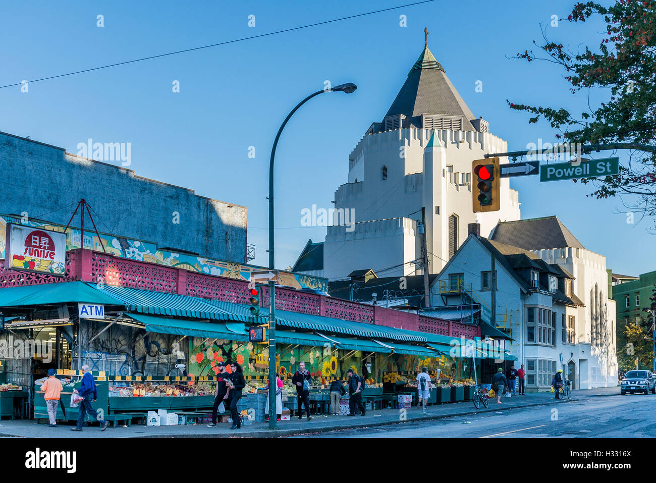 Sunrise Market and the St  James Anglican Church, Downtown Eastside, Vancouver, British Columbia, Canada Stock Photo