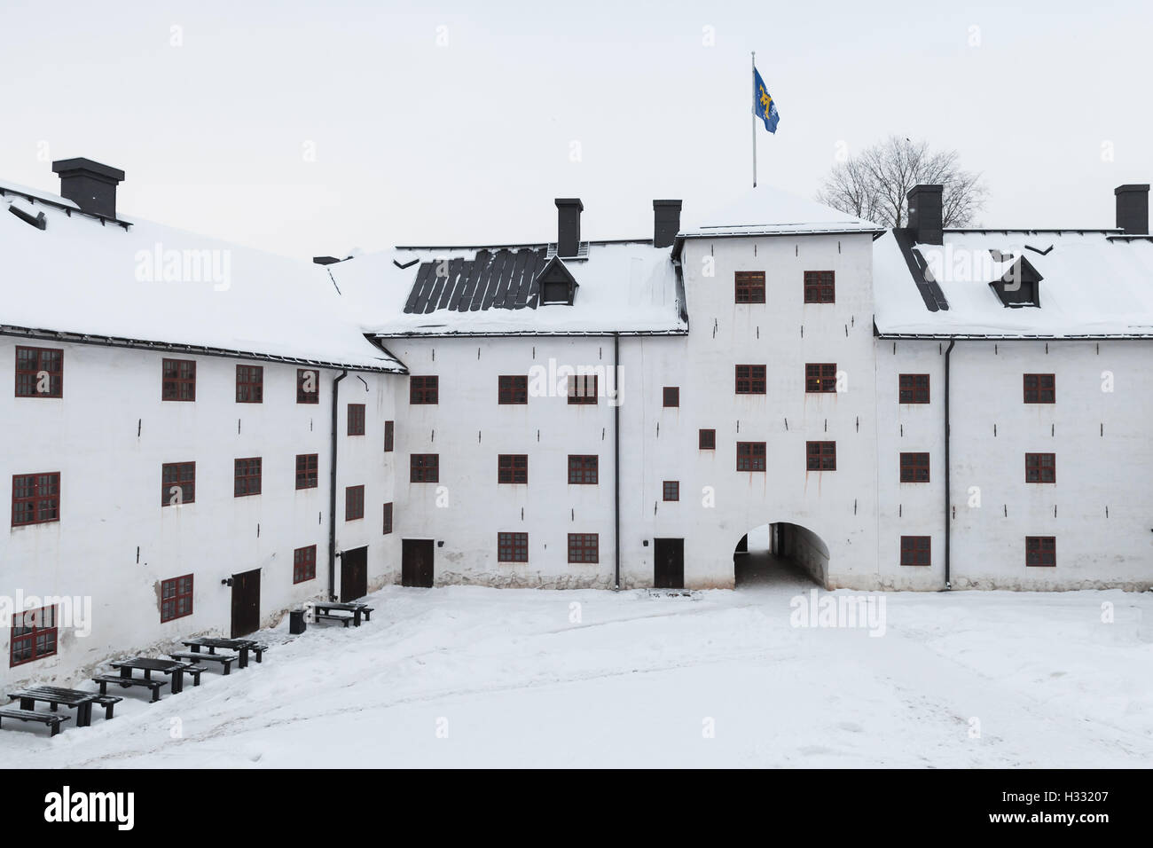 Turku, Finland - January 17, 2016: Facade of Turku castle bailey and inner courtyard in winter day Stock Photo