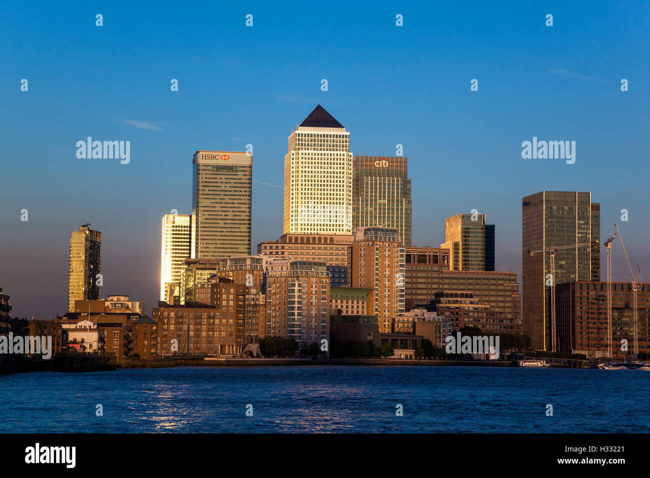 Canary Wharf skyline at sunset, London, UK Stock Photo