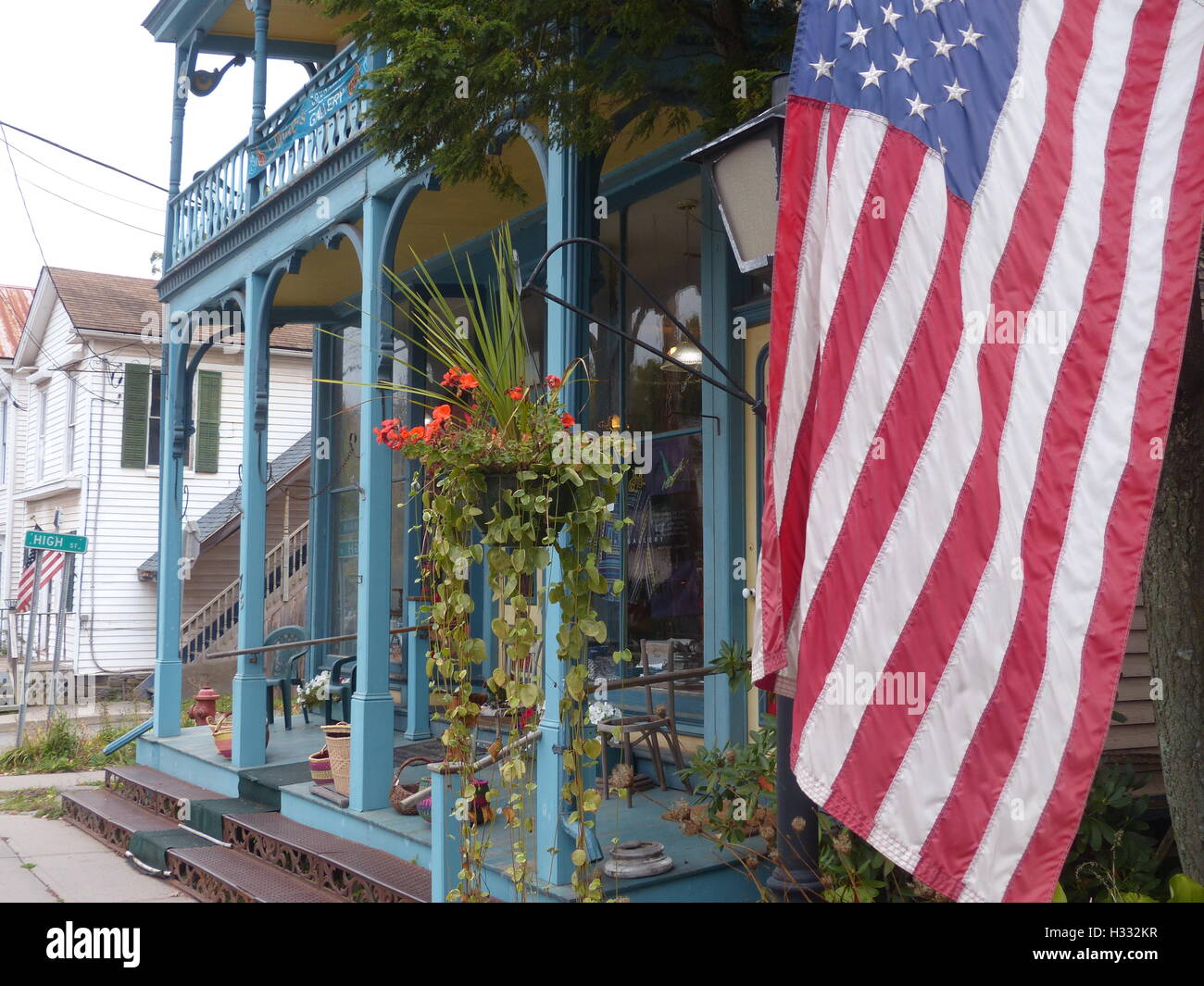 Andes, NY. US flag flies on Main Street Stock Photo