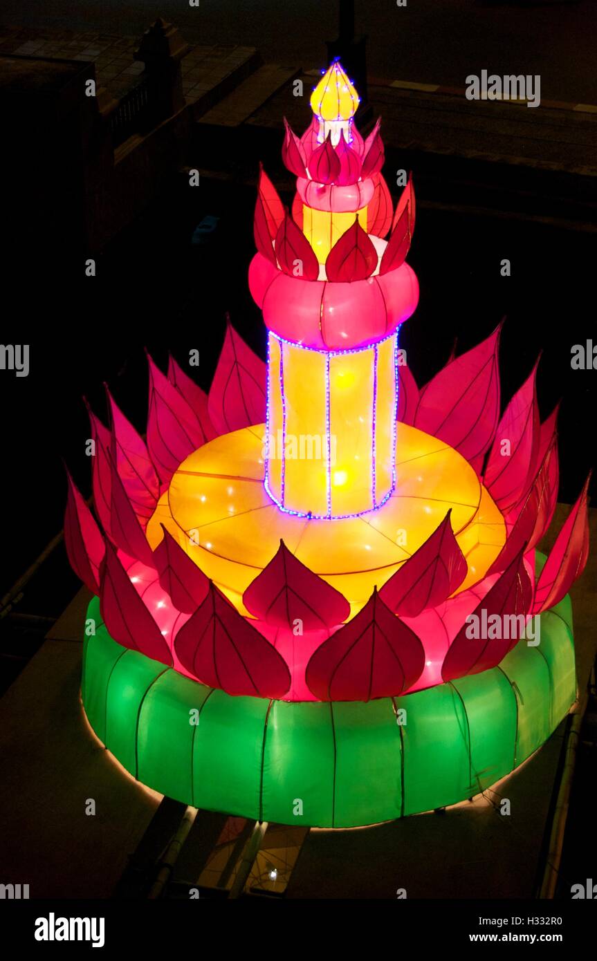 Giant illuminated krathong in the form of a lotus bud, Loy Krathong Festival, Chiang Mai , Thailand Stock Photo