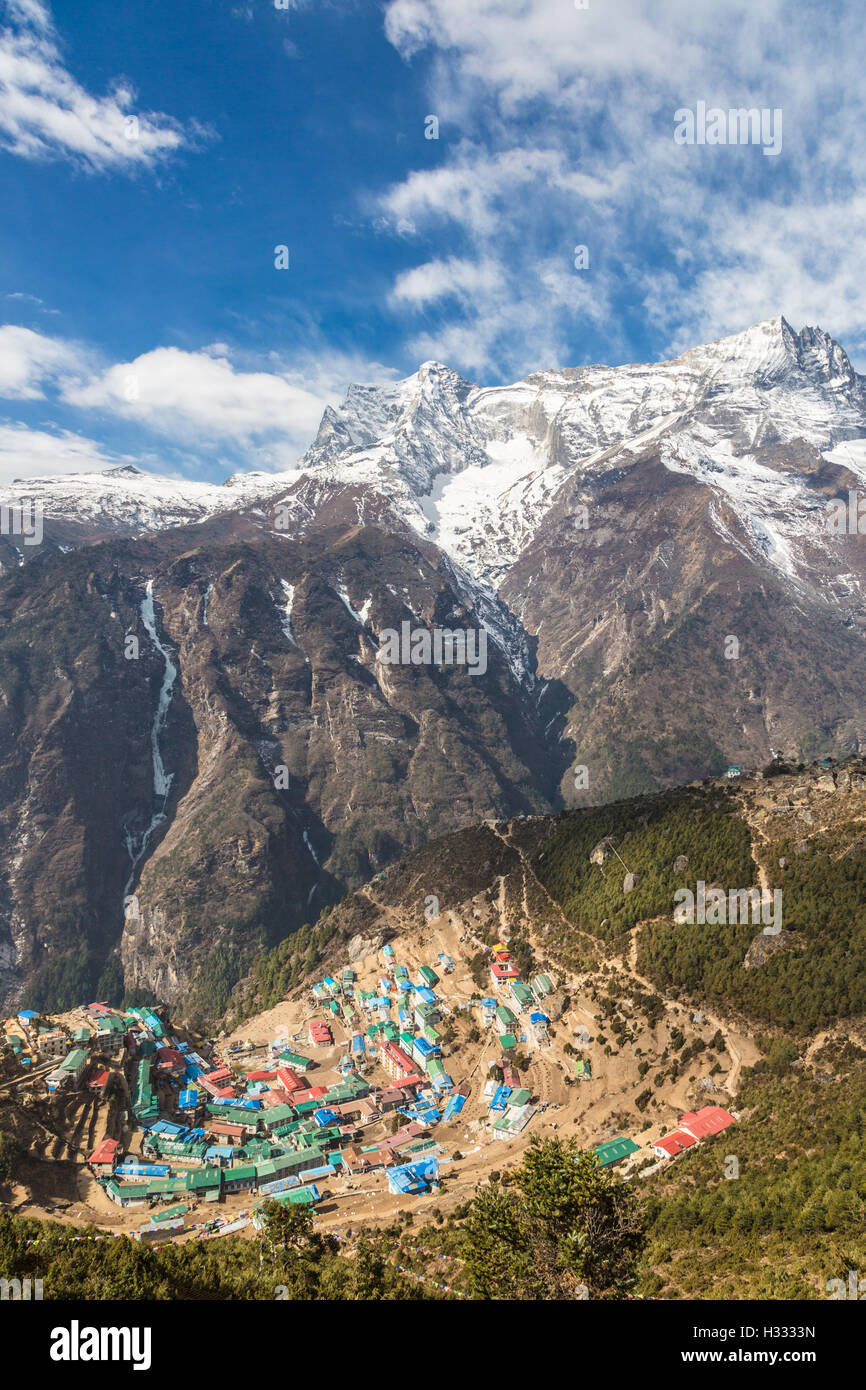 Namche Bazar in Nepal is the main village in the Khumbu region in the Himalayas on the populair hiking tail that leads to the Ev Stock Photo