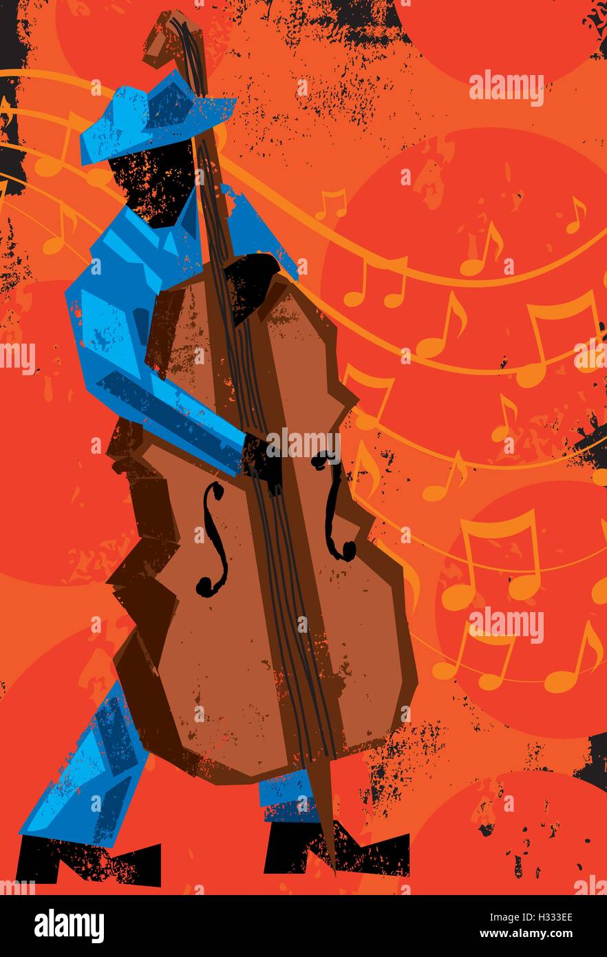 Jazz double bass player  A double bass player in front of music notes over a decorative background. Stock Vector