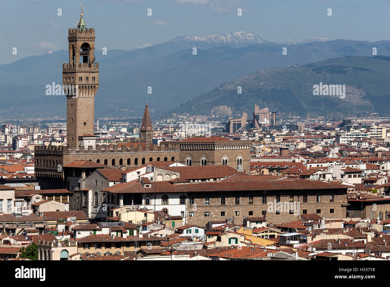 View from Piazzale Michelangelo with Palazzo Vecchio, Florence, Tuscany, Italy Stock Photo