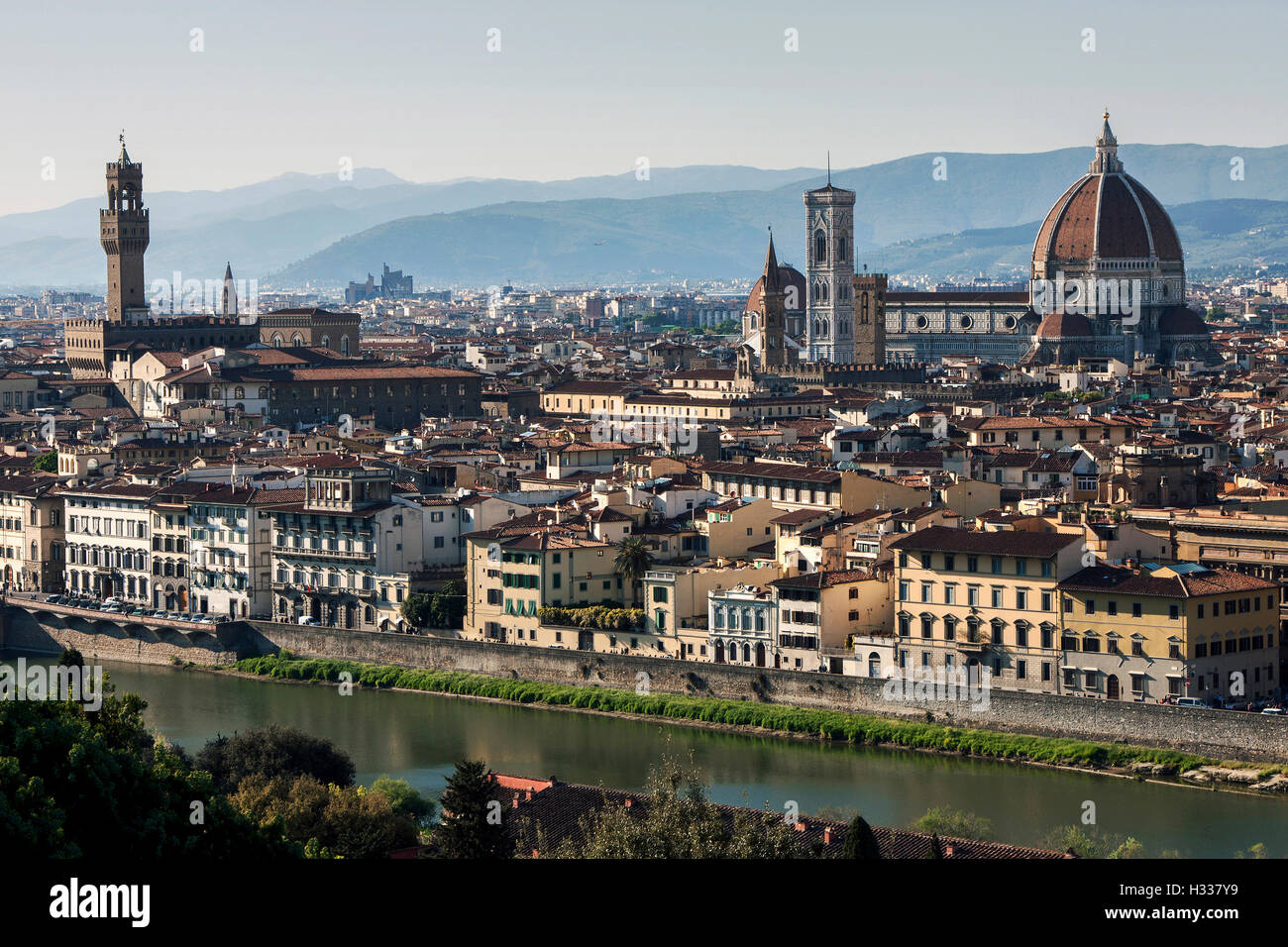 View from Piazzale Michelangelo, River Arno, Palazzo Vecchio, Dome and Cathedral of Santa Maria del Fiore, Florence, Tuscany Stock Photo