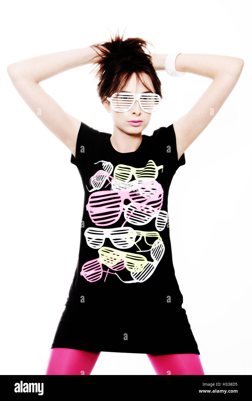 Woman, 24, posing with a cool pair of glasses and a t-shirt Stock Photo
