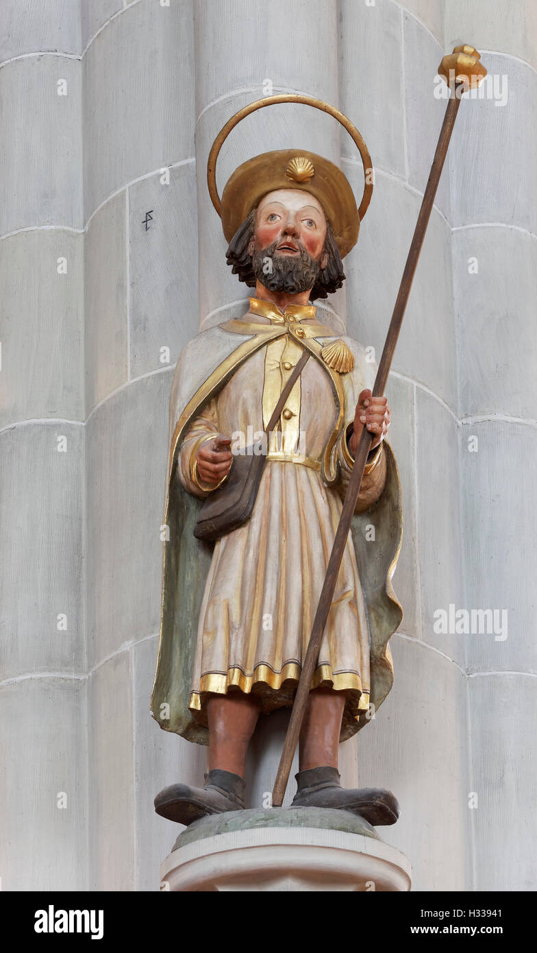 Apostle Thomas, larger than life wooden statue of 1552, minster St. Nikolaus, Überlingen, Lake Constance, Baden-Württemberg Stock Photo