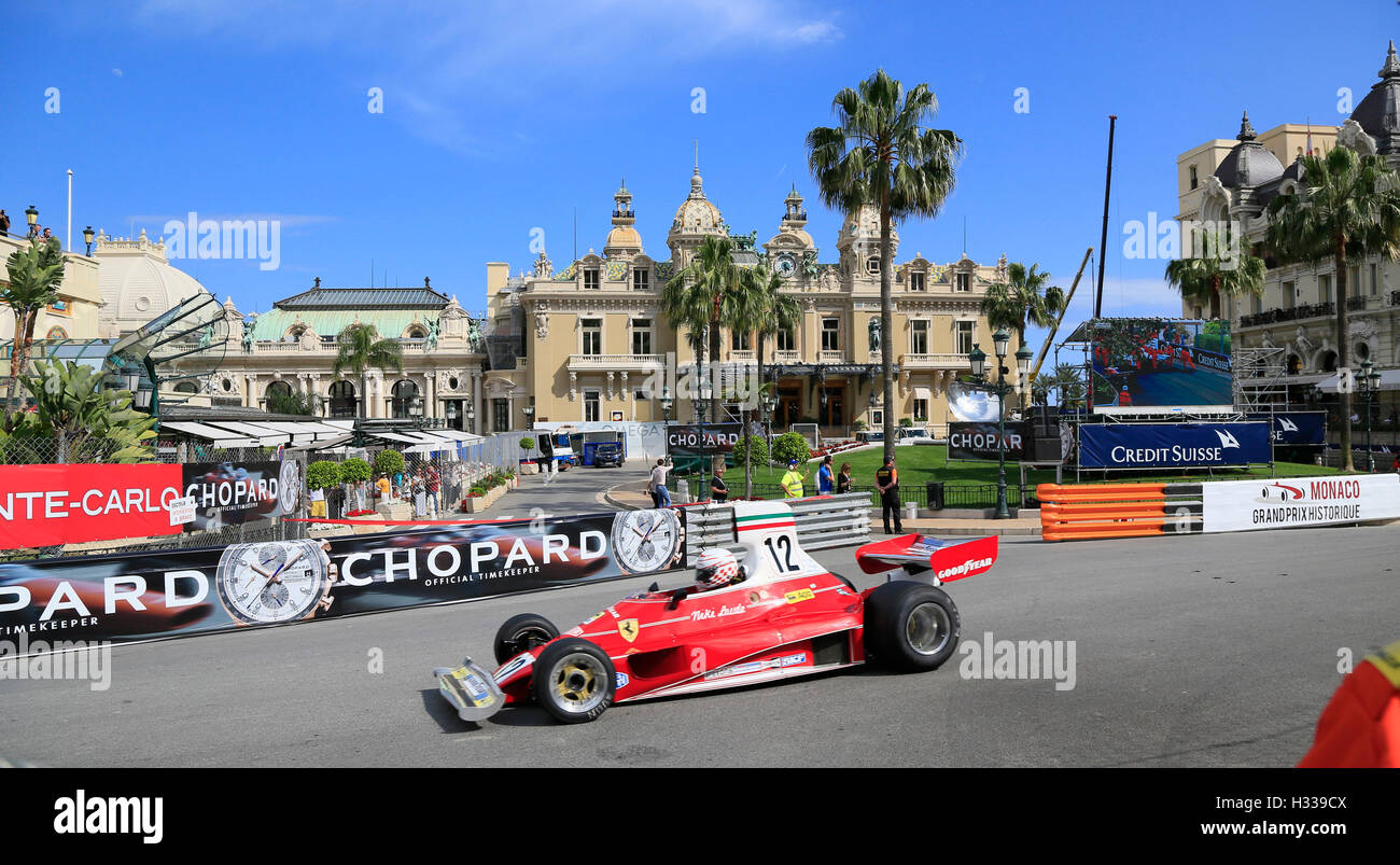 Ferrari 312T in front of the Casino Monte Carlo, Monaco 10th Grand Prix Historique 2016 Monte-Carlo, Monaco Stock Photo