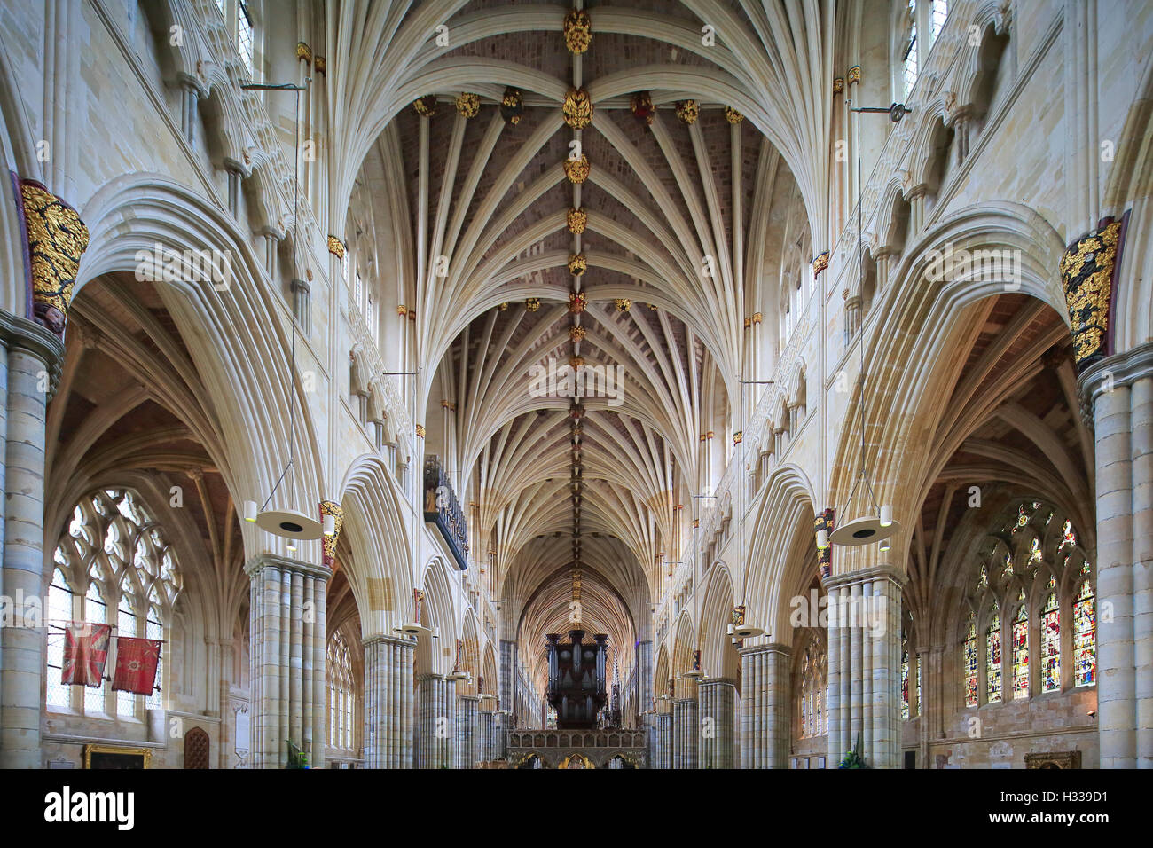 Fan vaulting, nave, The Cathedral Church of St Peter, Exeter, Devon, England, United Kingdom Stock Photo