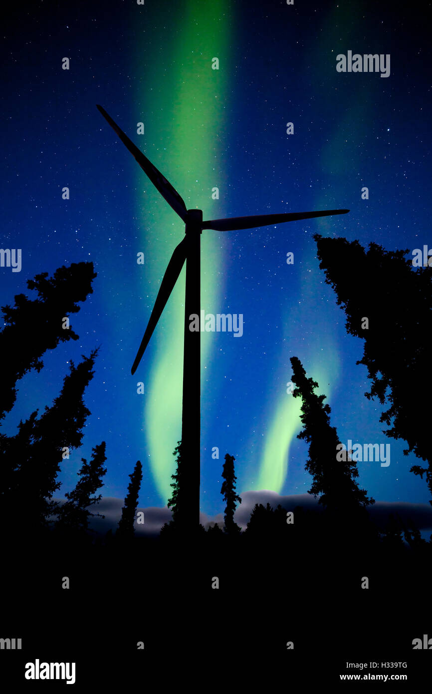 Northern Lights night sky wind turbine silhouette Stock Photo - Alamy
